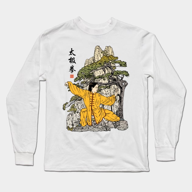 Tai Chi Warrior in the Mountains (Gold) Long Sleeve T-Shirt by erickoo